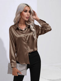 V-Neck Long Sleeve Satin Silk Blouse