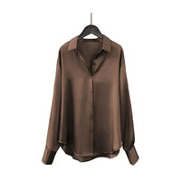 Women Smooth Satin Shirts Lapel Long Sleeve Shirt Single Breasted Tops Solid Color Loose Fit Casual Shirt