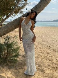 White Crochet Halter Neck Backless Fishtail Maxi Dress