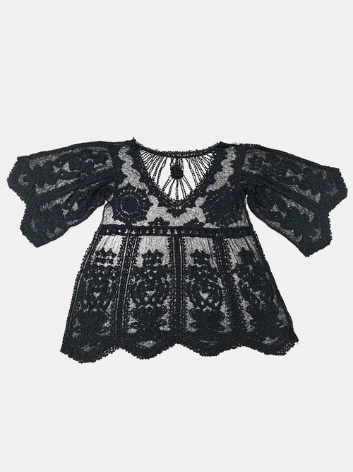 Sheer Lace Round Neck Beach Cover-Up