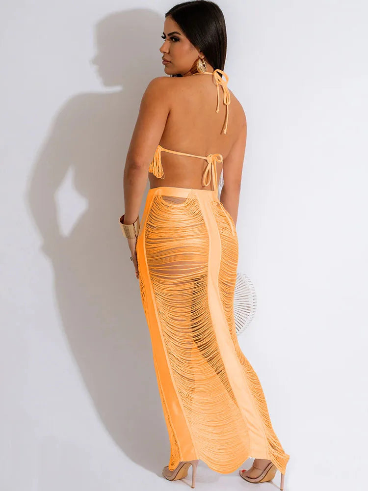 Crochet Tassel Bra Top & Maxi Skirt Set