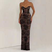 Striped Strapless Backless Bodycon Maxi Dress