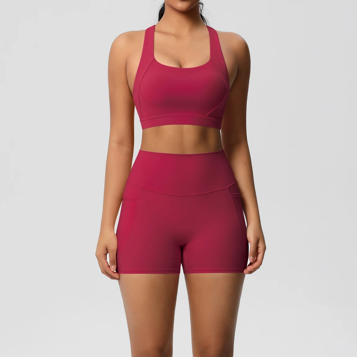 2-Piece Yoga Set – Crossover Bra & Shorts