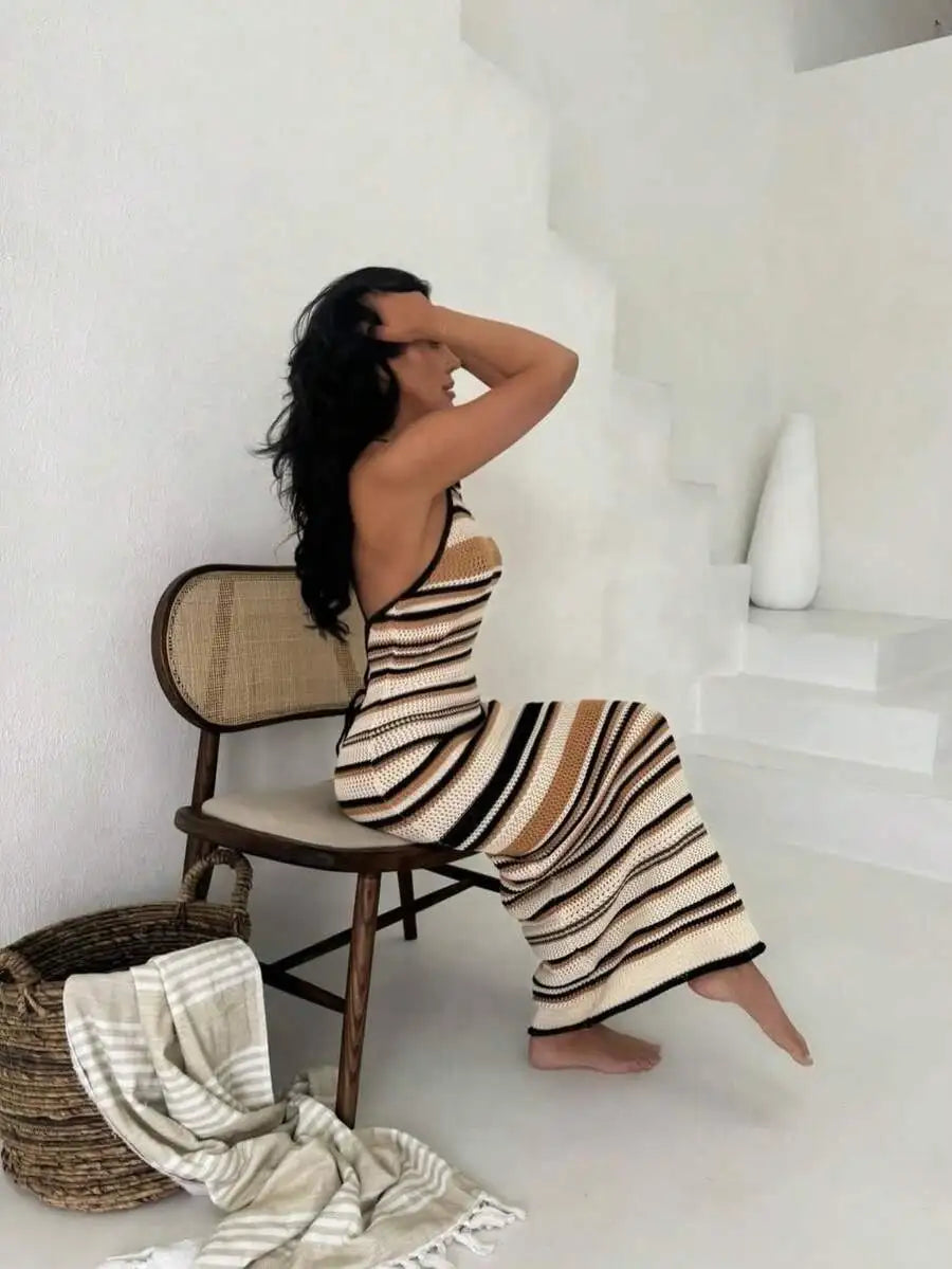 Striped Halter Neck Hollow-Out Crochet Maxi Dress