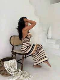 Striped Halter Neck Hollow-Out Crochet Maxi Dress