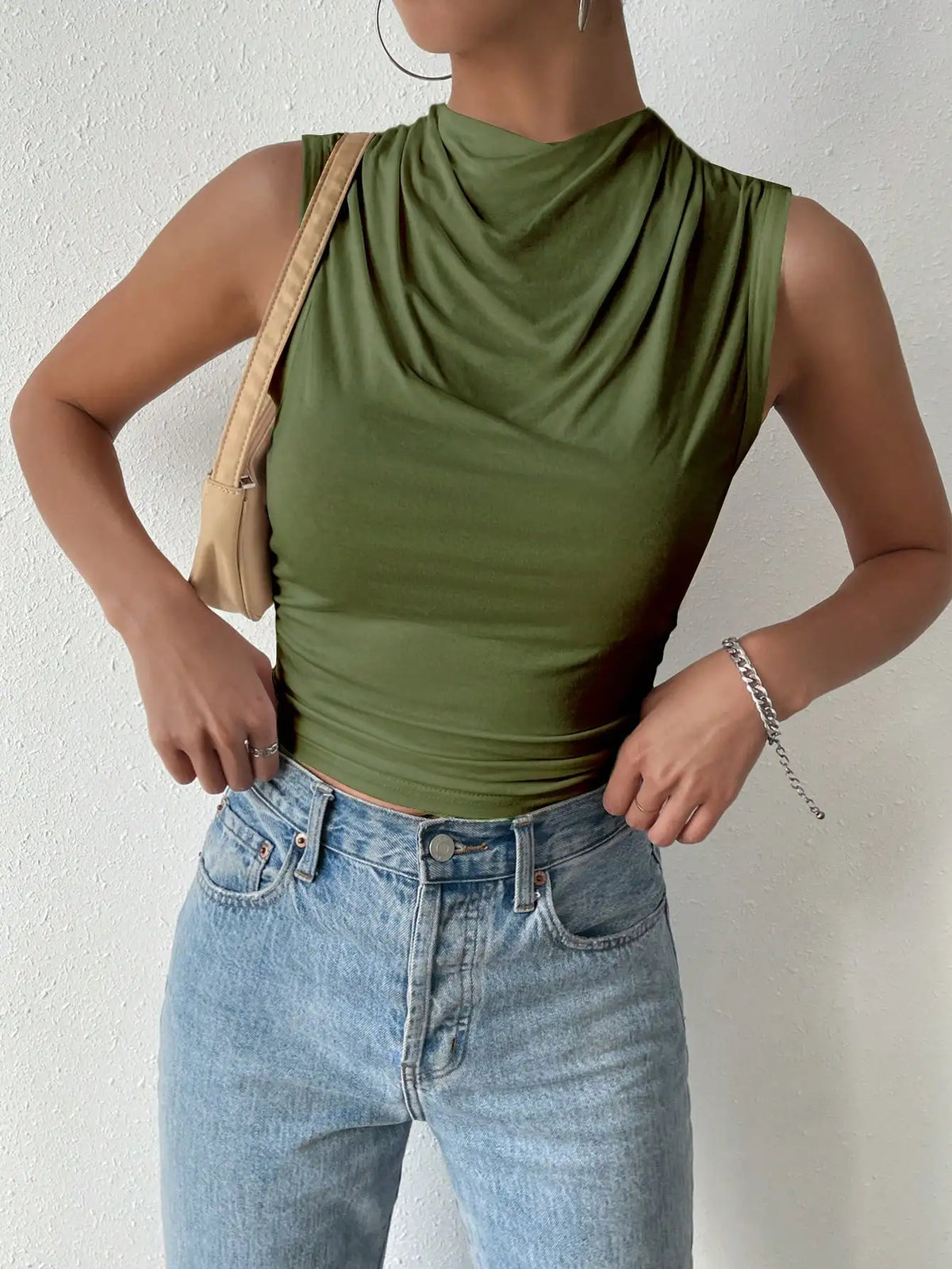 Pleated Half-High Neck Sleeveless Top