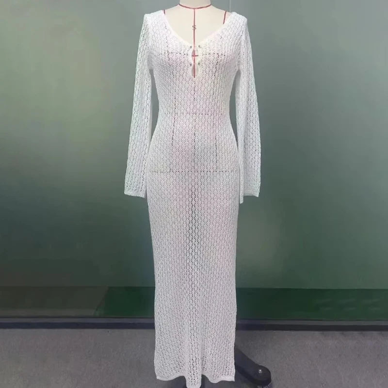 Sexy Hollow-Out Knit Crochet Bikini Cover-Up Maxi Dress