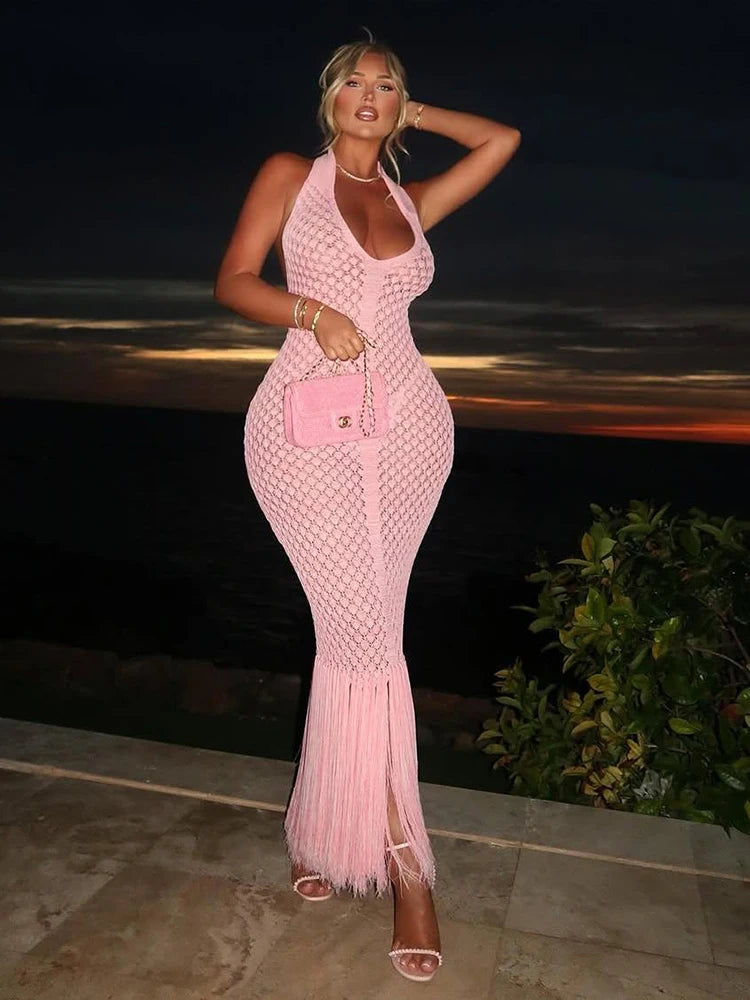 Plaid Halter Low Neck Backless Tassel Crochet Maxi Dress