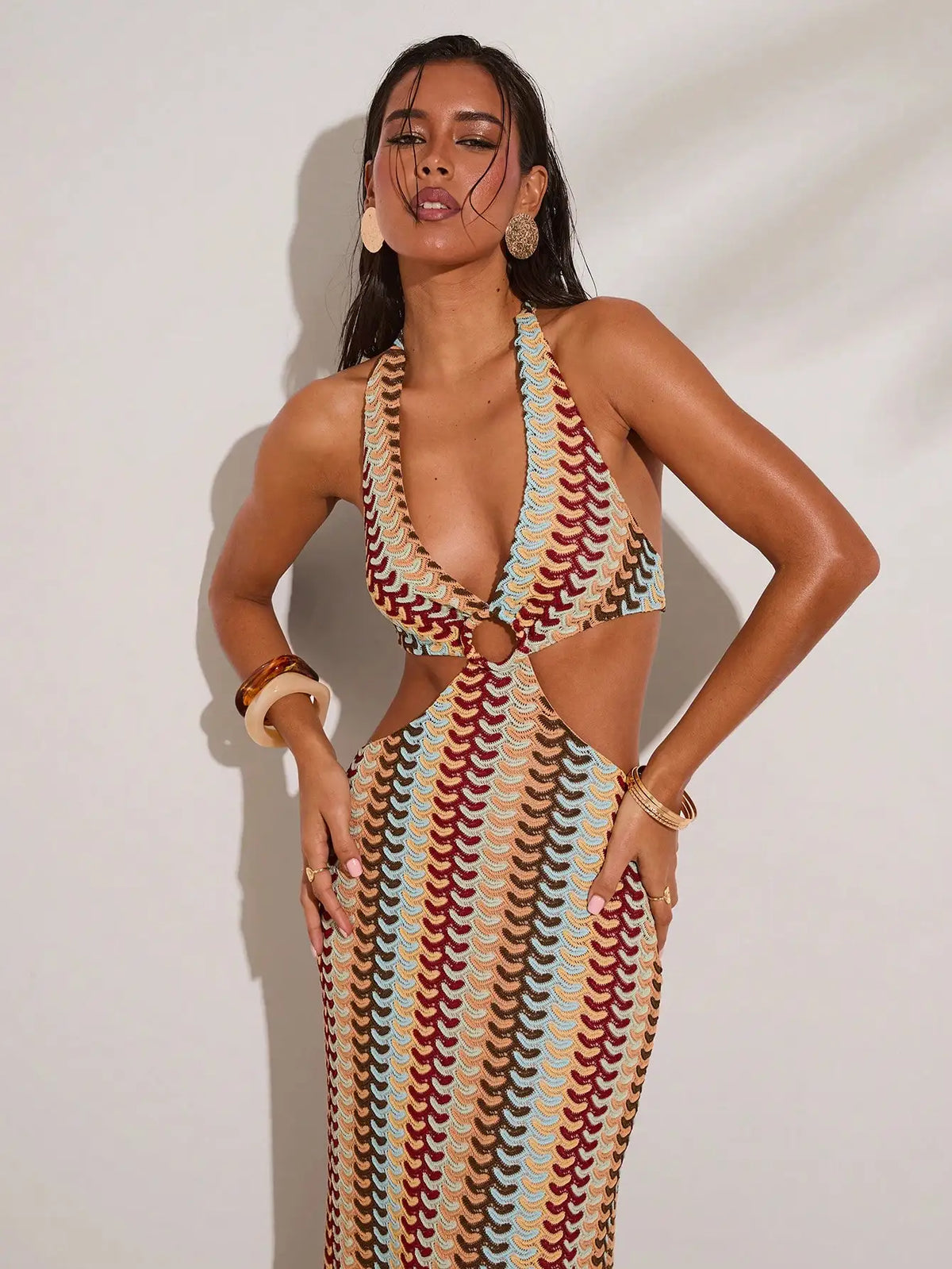 Crochet Halter Neck Cut-Out Maxi Dress with Colorful Striped Pattern for Beach Vacation