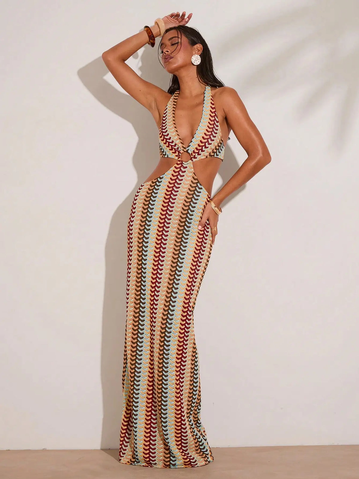 Crochet Halter Neck Cut-Out Maxi Dress with Colorful Striped Pattern for Beach Vacation