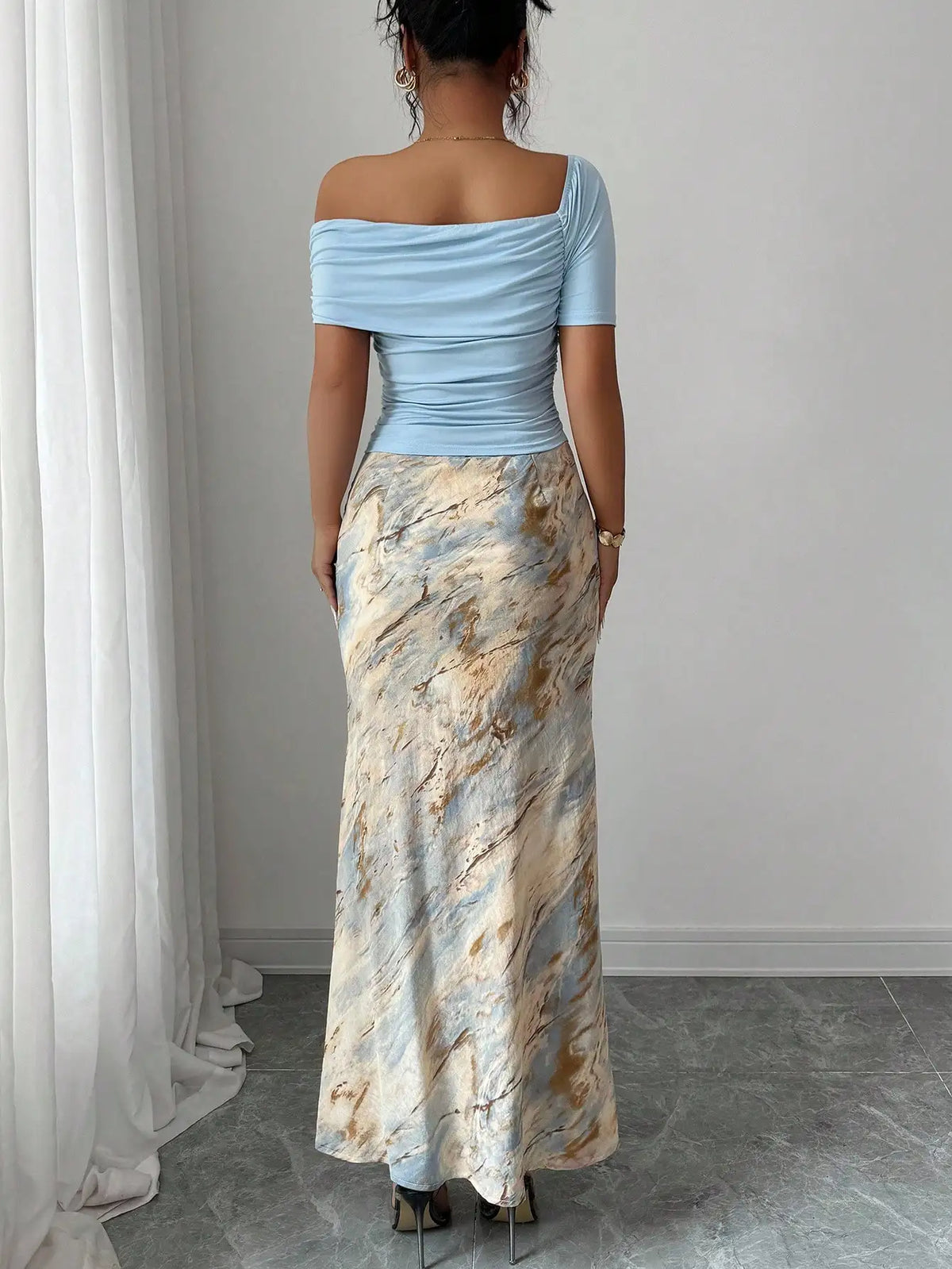 Off-Shoulder Ruched Top & Marble Print Side-Slit Skirt Set