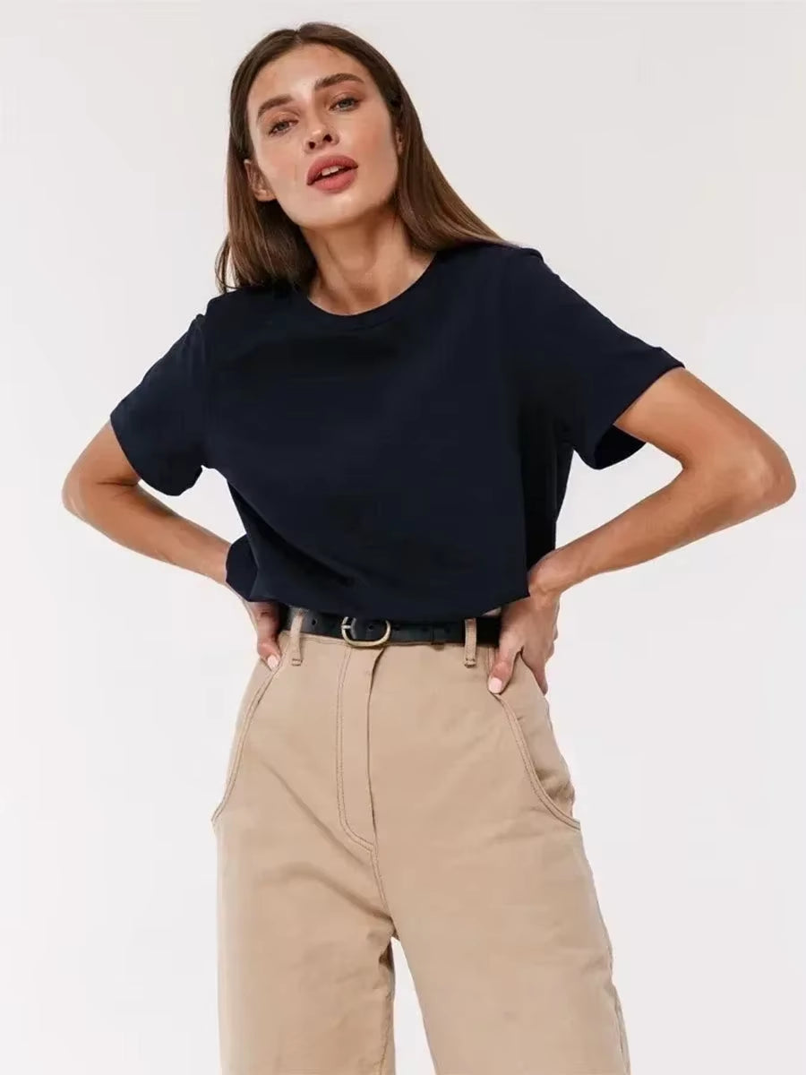 Summer 100% Cotton Women'S T-Shirt Bottoming Basic Fashionable Solid Lady Short Sleeve Loose Tops Shirts 230G/㎡ Tops