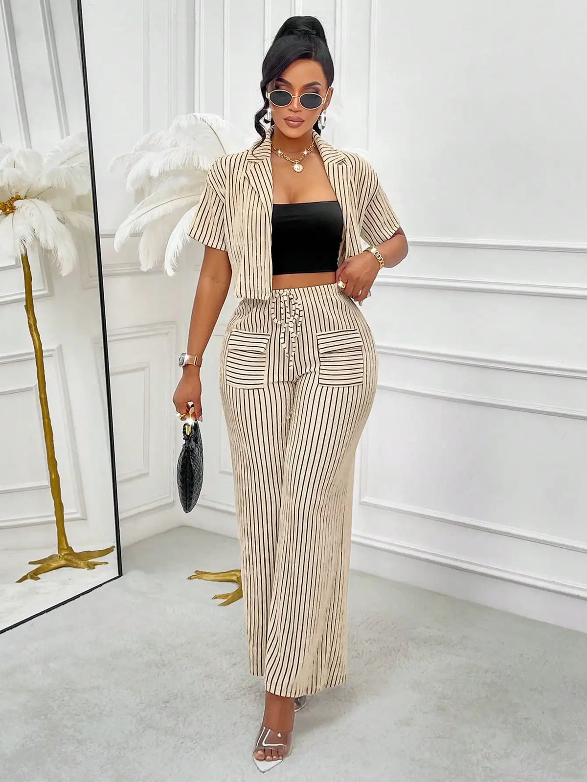 Striped Cropped Shirt & Wide-Leg Pants Set