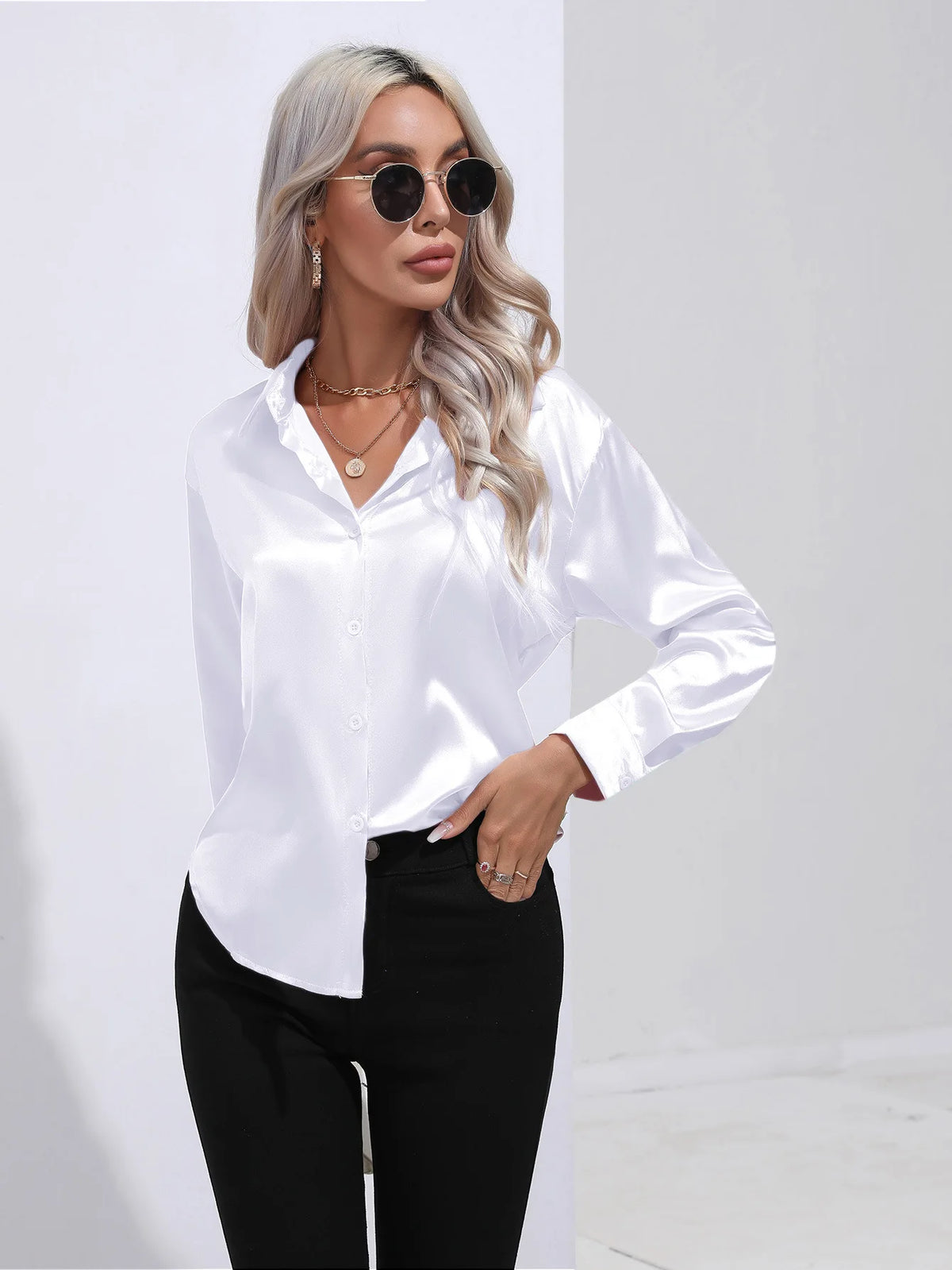 V-Neck Long Sleeve Satin Silk Blouse