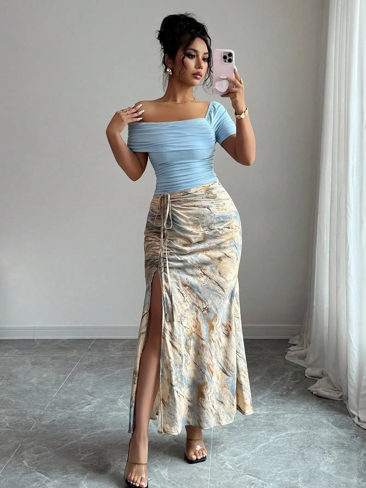 Off-Shoulder Ruched Top & Marble Print Side-Slit Skirt Set