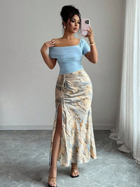 Off-Shoulder Ruched Top & Marble Print Side-Slit Skirt Set