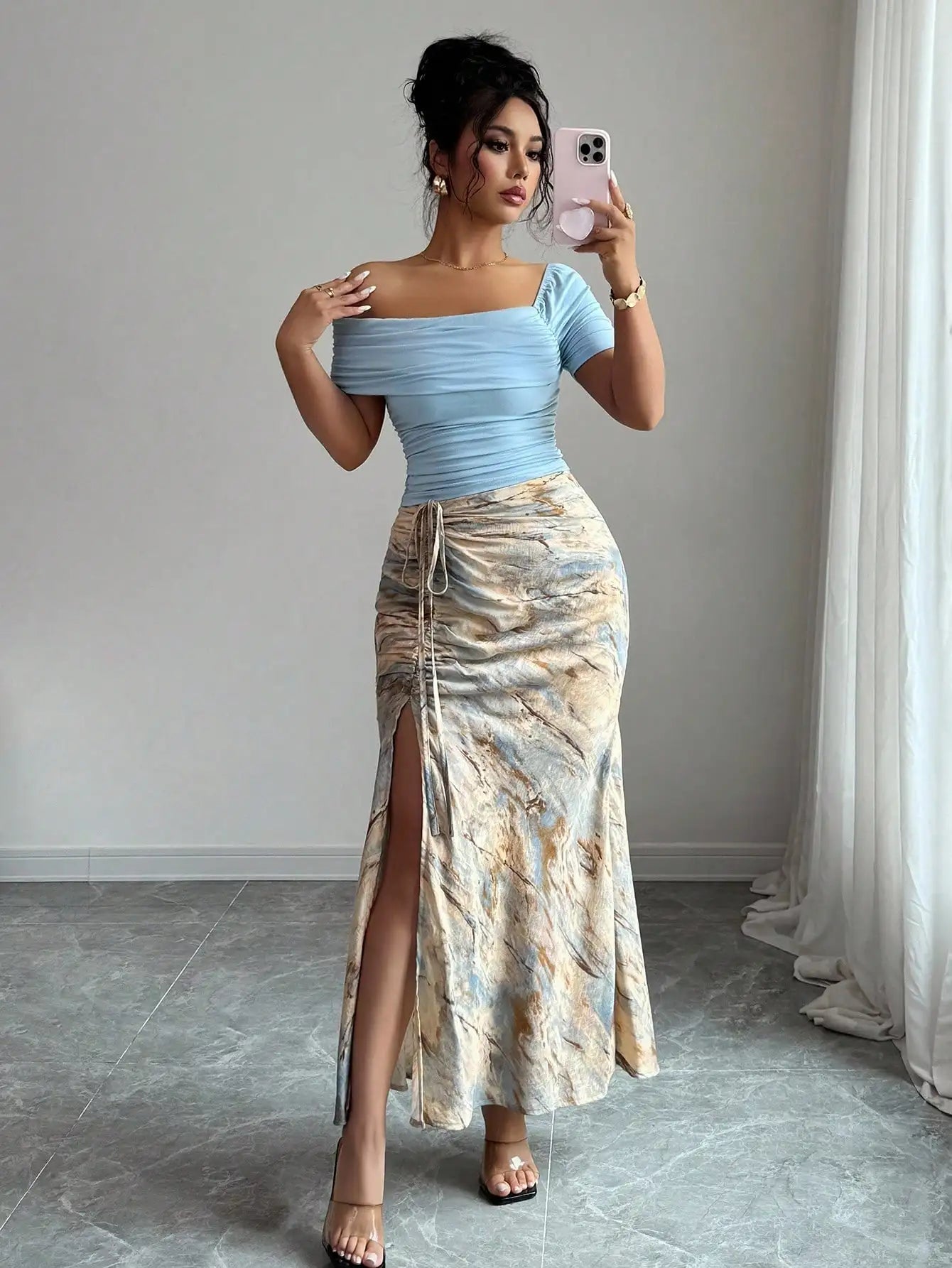 Off-Shoulder Ruched Top & Marble Print Side-Slit Skirt Set