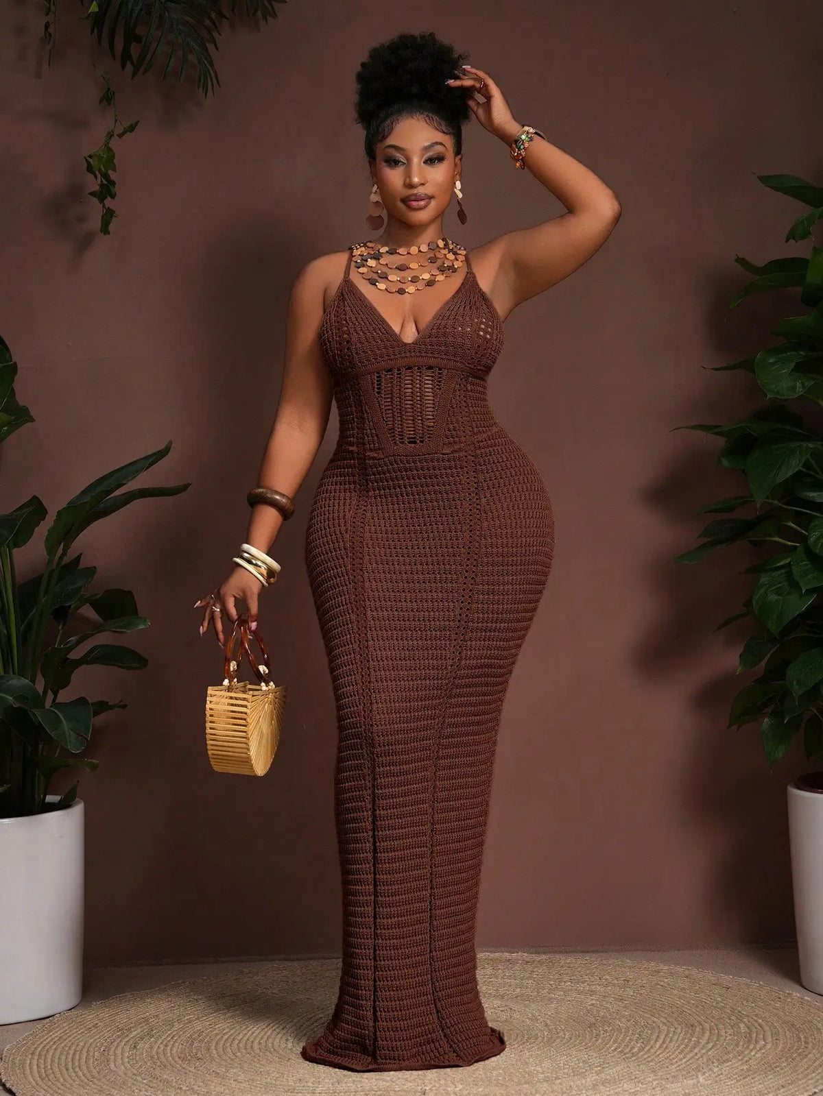 Crochet Hollow V-Neck Bodycon Maxi Dress
