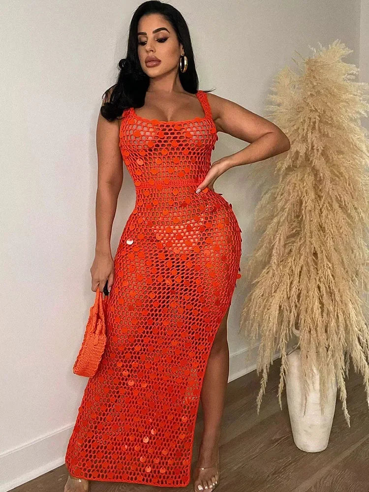 Sequined Crochet Hollow-Out Maxi Dress