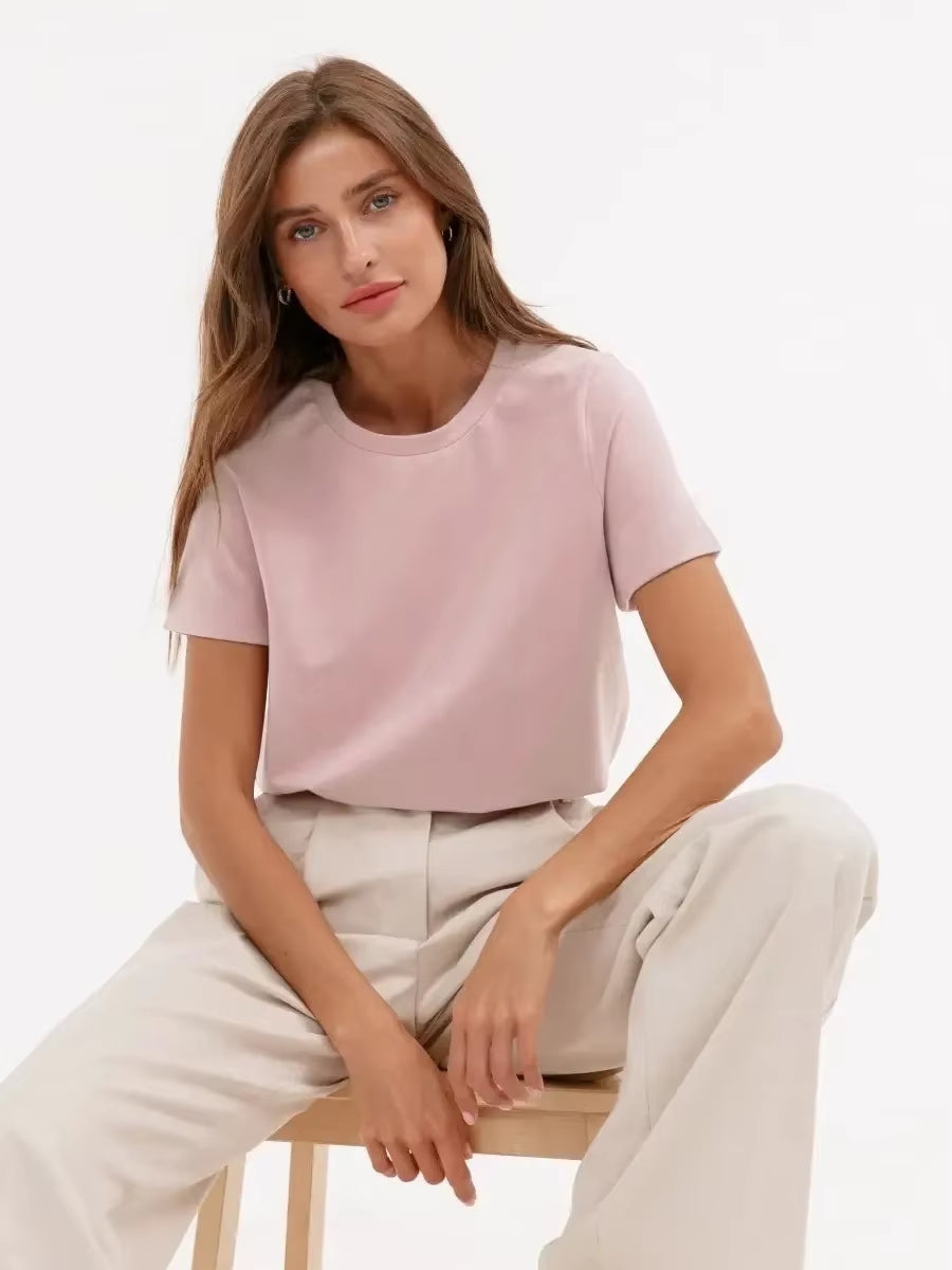 Summer 100% Cotton Women'S T-Shirt Bottoming Basic Fashionable Solid Lady Short Sleeve Loose Tops Shirts 230G/㎡ Tops
