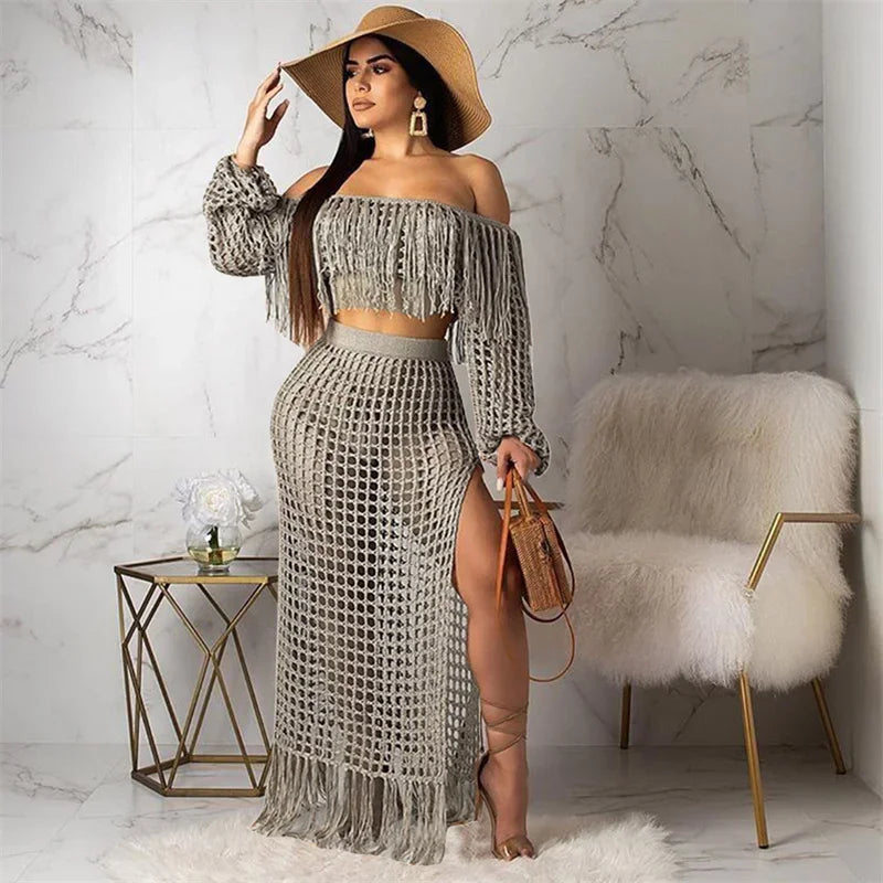 Fringed Tassel Crochet Hollow-Out Maxi Dress