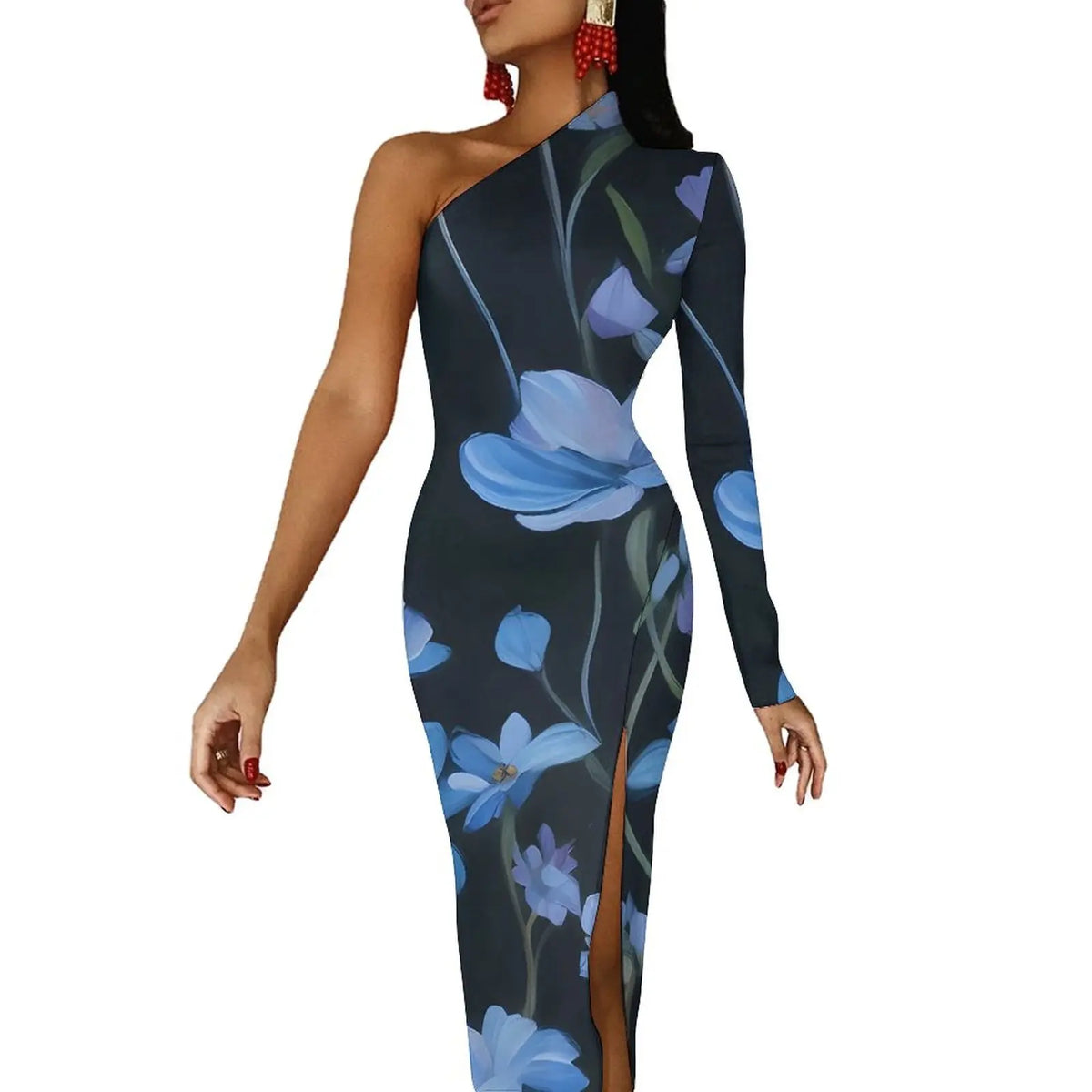 One-Shoulder Floral Print Bodycon Maxi Dress
