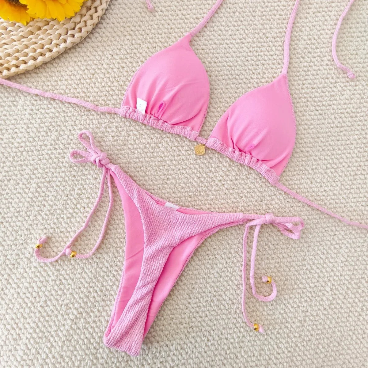 Solid Color Strap Split Shell Bikini Set