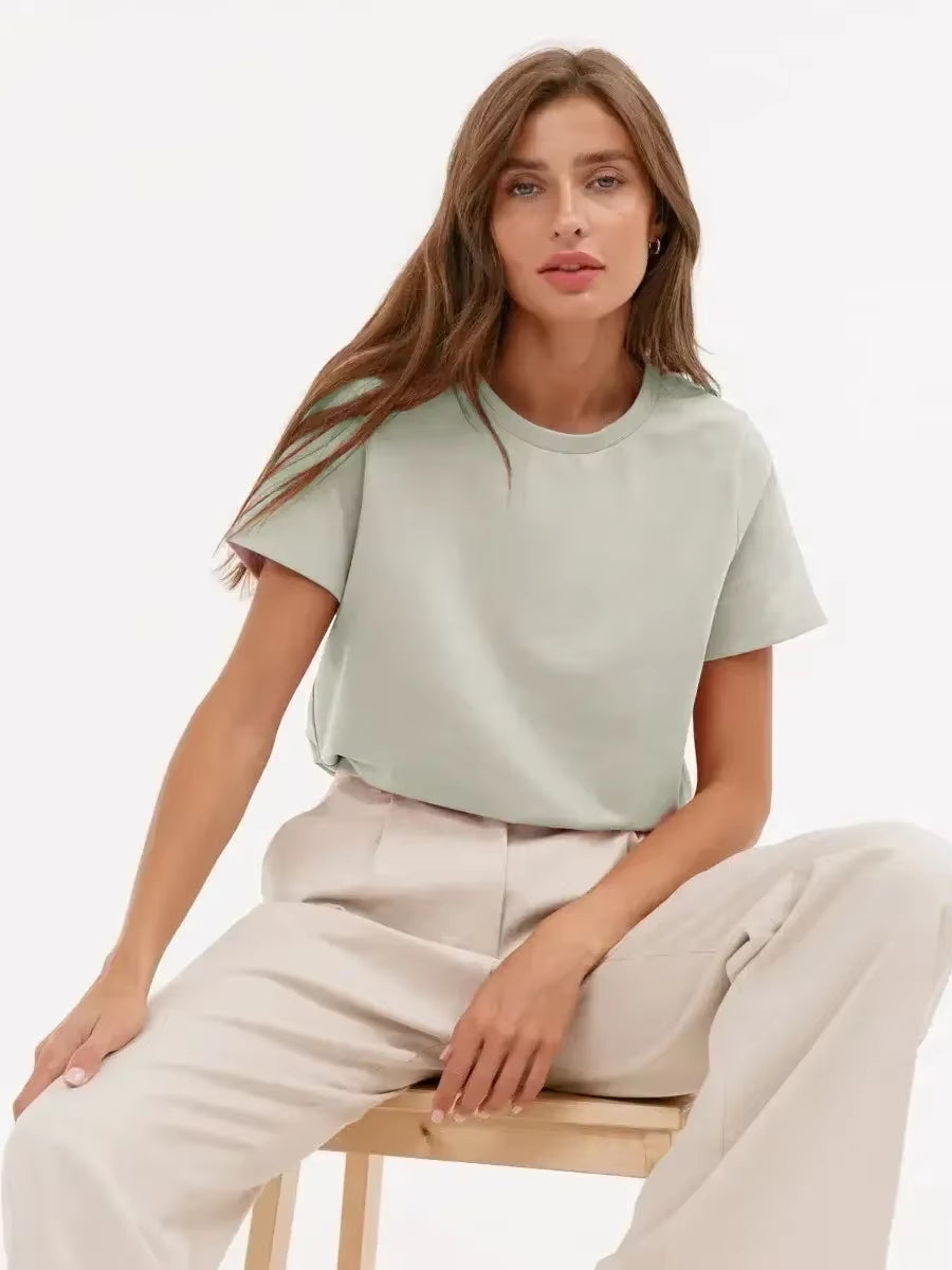 Summer 100% Cotton Women'S T-Shirt Bottoming Basic Fashionable Solid Lady Short Sleeve Loose Tops Shirts 230G/㎡ Tops