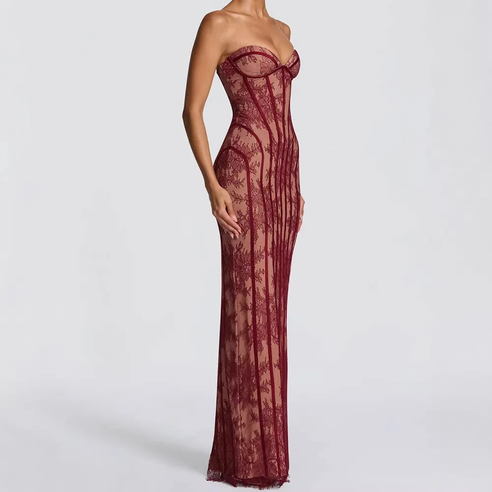 Striped Strapless Backless Bodycon Maxi Dress