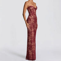 Striped Strapless Backless Bodycon Maxi Dress
