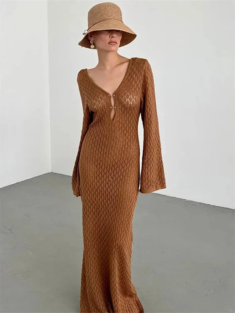 Sexy Hollow-Out Knit Crochet Bikini Cover-Up Maxi Dress