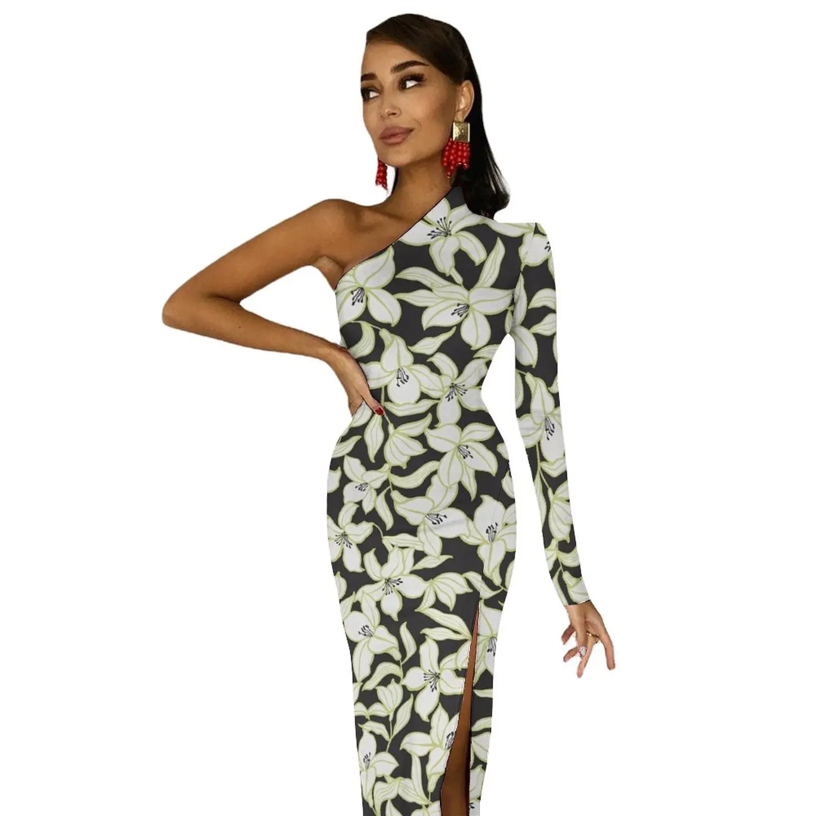 One-Shoulder Floral Print Bodycon Maxi Dress