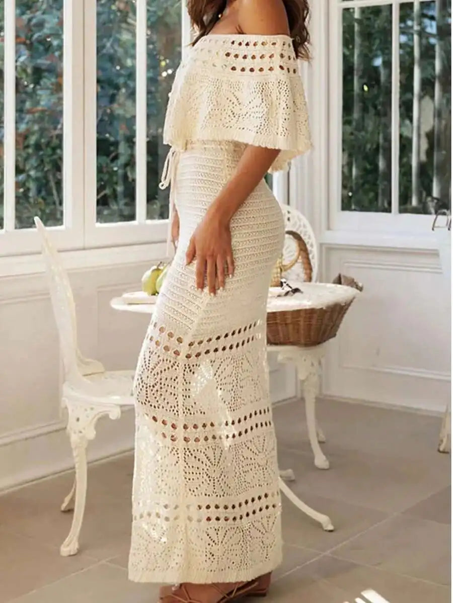 Cream Off-Shoulder Drawstring Waist Crochet Maxi Dress