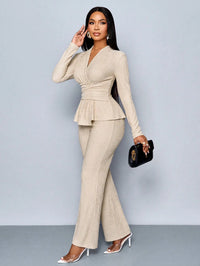 V-Neck Peplum Top & Wide Leg Pants Set – Beige