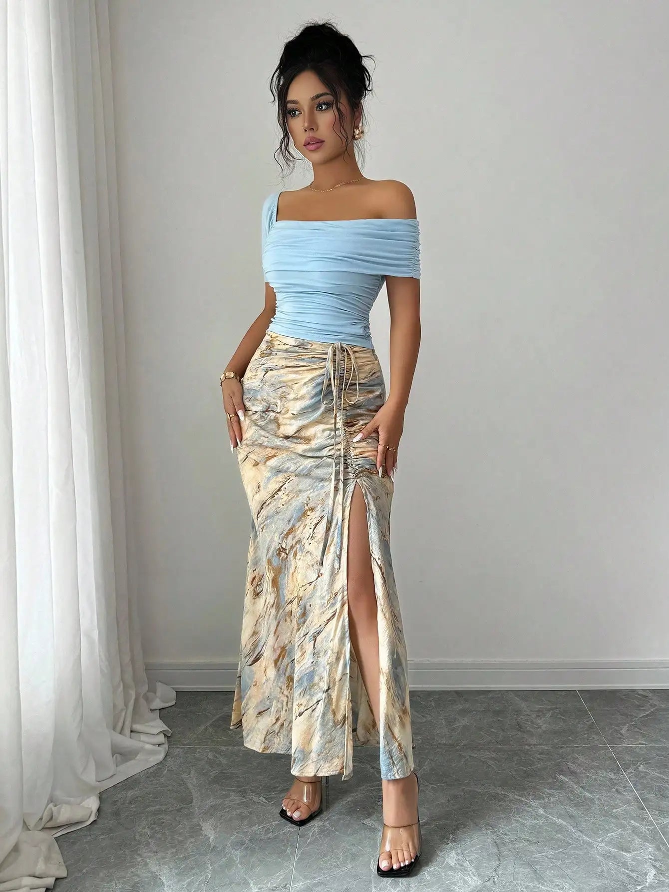Off-Shoulder Ruched Top & Marble Print Side-Slit Skirt Set