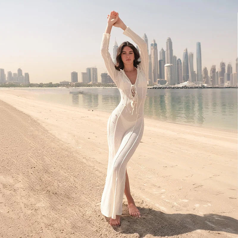 Long Sleeve Deep V Crochet High Slit Maxi Dress