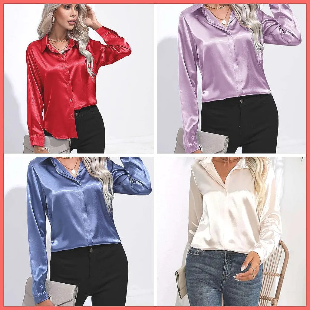 V-Neck Long Sleeve Satin Silk Blouse