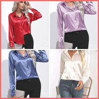 V-Neck Long Sleeve Satin Silk Blouse