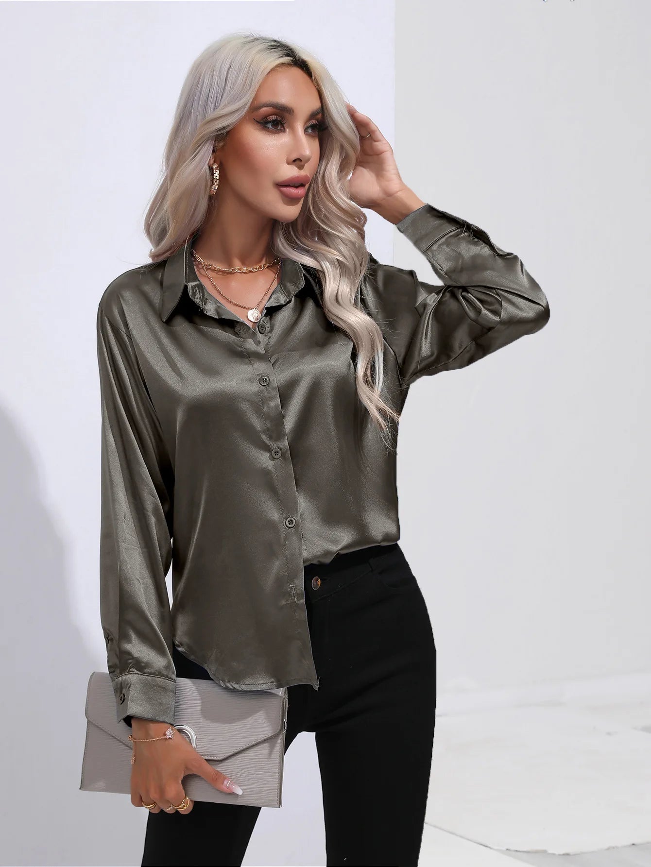 V-Neck Long Sleeve Satin Silk Blouse