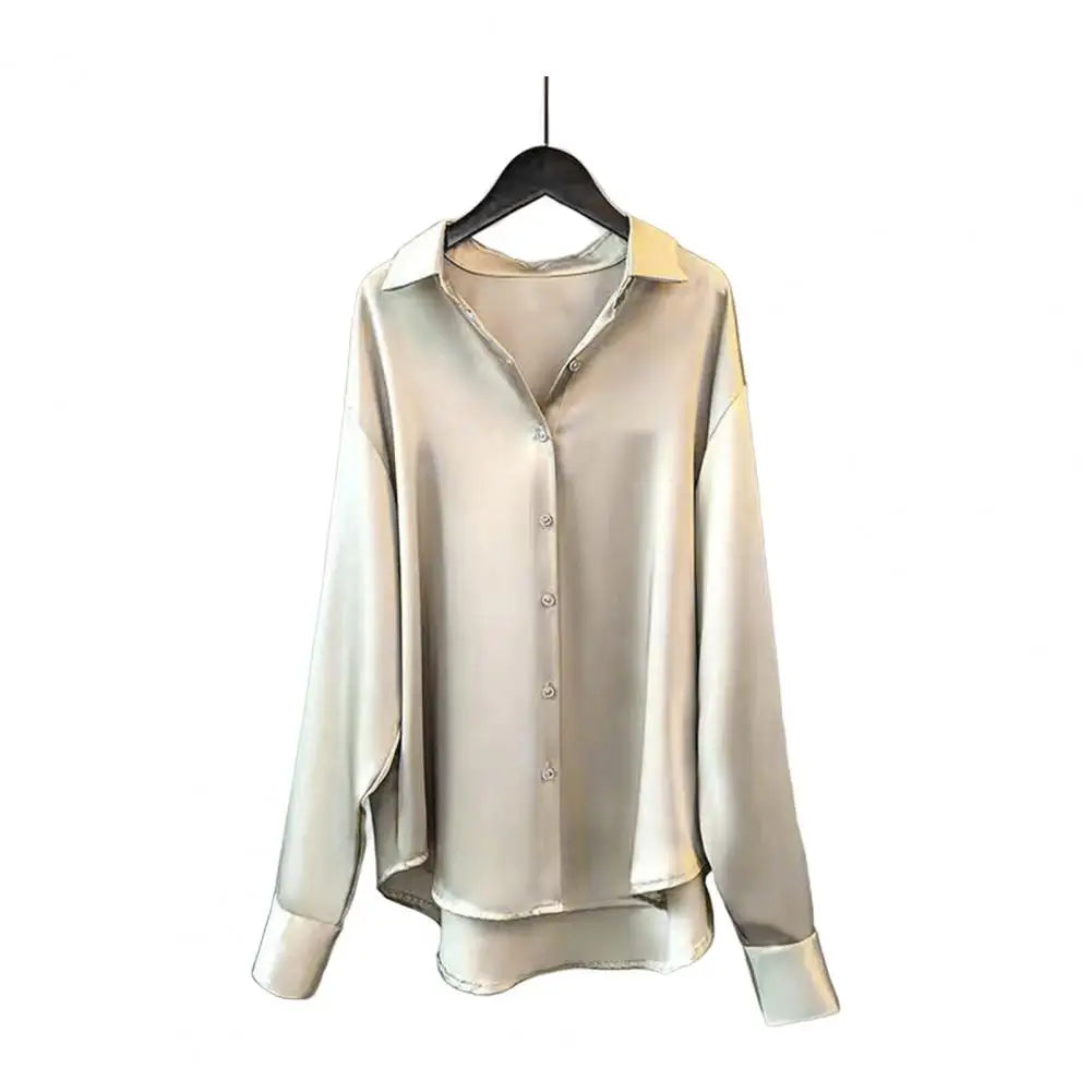 Women Smooth Satin Shirts Lapel Long Sleeve Shirt Single Breasted Tops Solid Color Loose Fit Casual Shirt