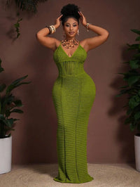 Crochet Hollow V-Neck Bodycon Maxi Dress