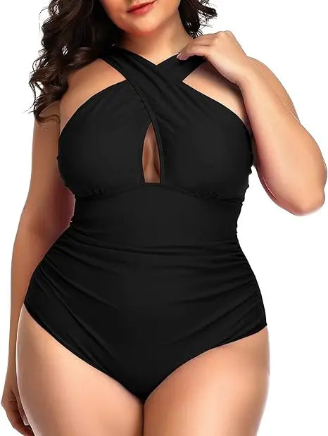 Plus Size Front Cross Tummy Control Backless One-Piece Swimsuit