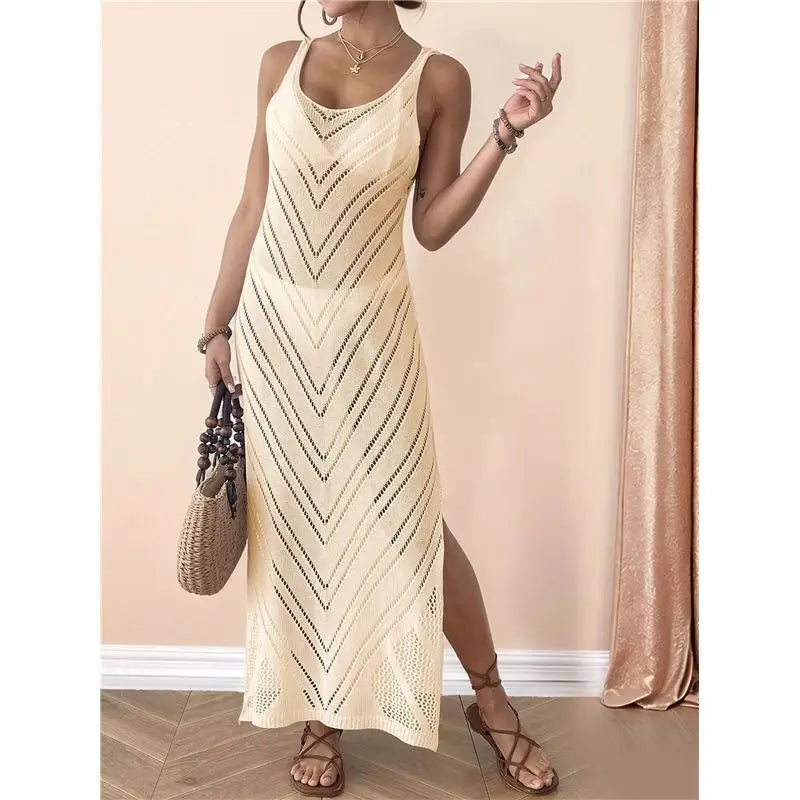 Crochet Knit Beach Cover-Up Maxi Dress – Sleeveless & Side Slit