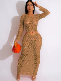 Sequined Crochet See-Through Bodycon Maxi Dress