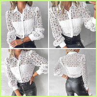 Hollow-Out Vintage Lace Long Sleeve Blouse – White