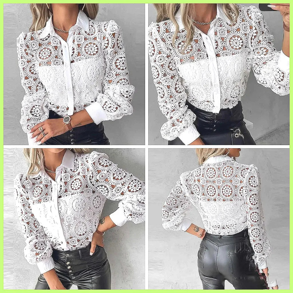 Hollow-Out Vintage Lace Long Sleeve Blouse – White