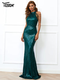 Halter Sequin Beaded Bodycon Maxi Evening Dress