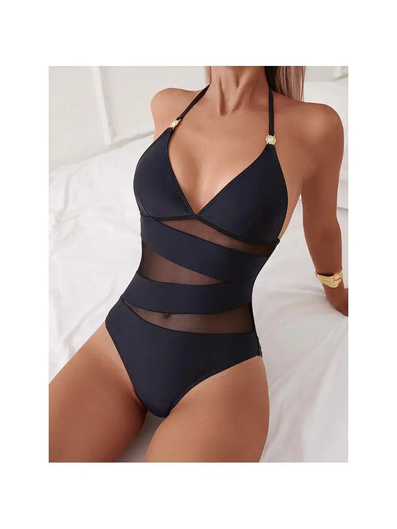 Mesh Patchwork OnePiece Swimsuit Backless Bikini Nylon Material with Chest Pad No Steel Support  Style Backless Bikini
