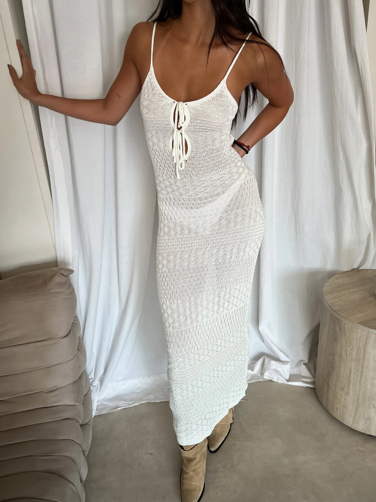 White Crochet Cutout Tie Backless Maxi Dress