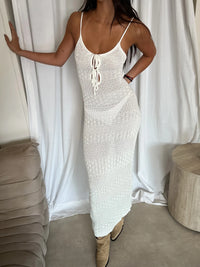 White Crochet Cutout Tie Backless Maxi Dress